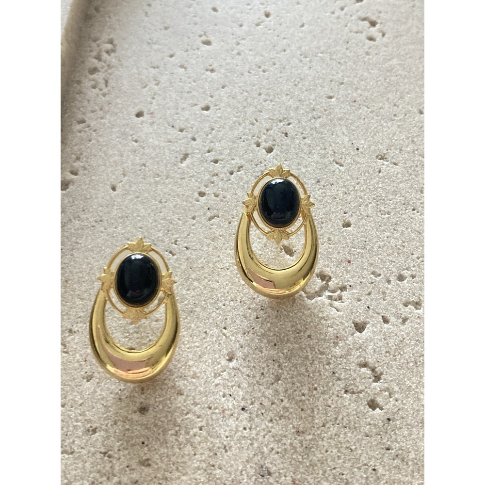 Gold Tone Black Cabochon Drop Earrings Open Teardrop Glam Couture 90's Style